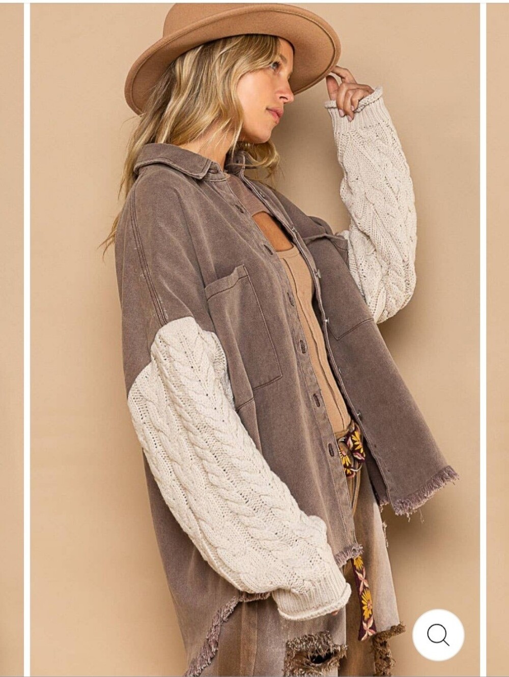 POL Cable Knit Sleeve Shacket Chocolate & Cream Small - Picture 3 of 16